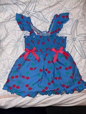 Blue Cherry Print Dog Dress with Red Bows